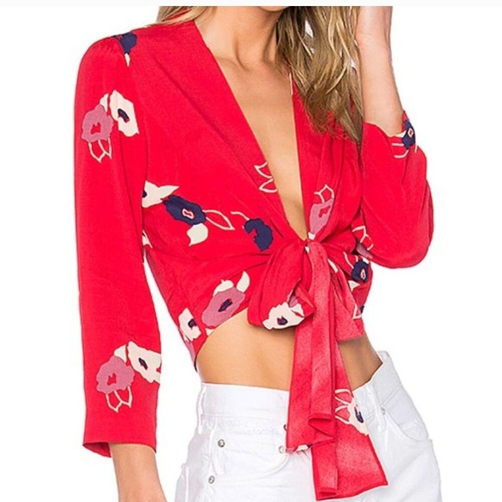 Rolla’s Delilah Floral Front Tie Shirt Womens Size Medium Red Casual Coastal
